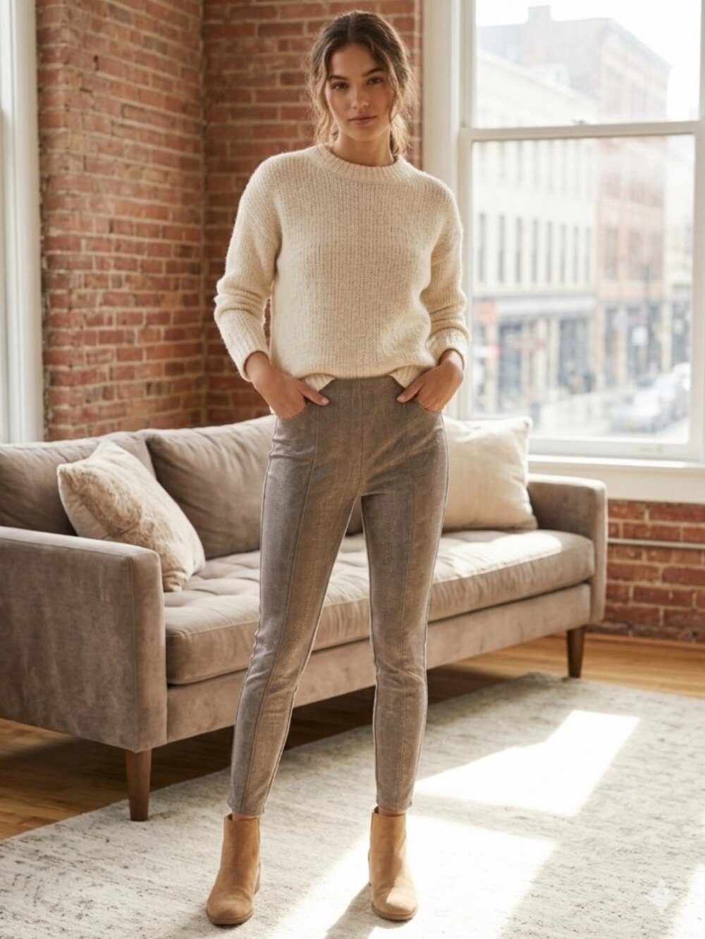 Anthropologie Croc-Embossed Textured Straight Leg Pants Taupe Brown Size 8